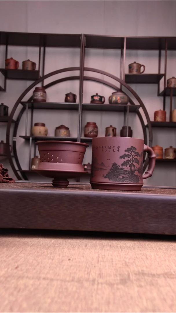 茶杯紫砂山水竹节三件套450-500CC容量