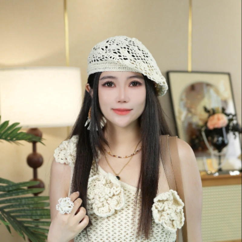AYLA.2025年复古森系镂空手工钩花贝雷帽春夏气质百搭画家帽子女