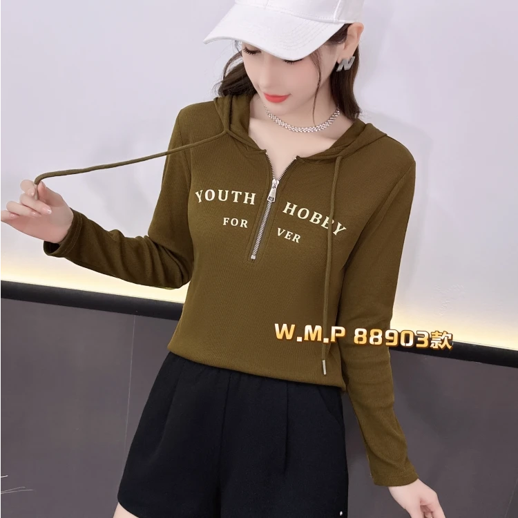 88903【衣长50】半拉链套头连帽T恤女2025春季新款时尚显瘦百搭上衣