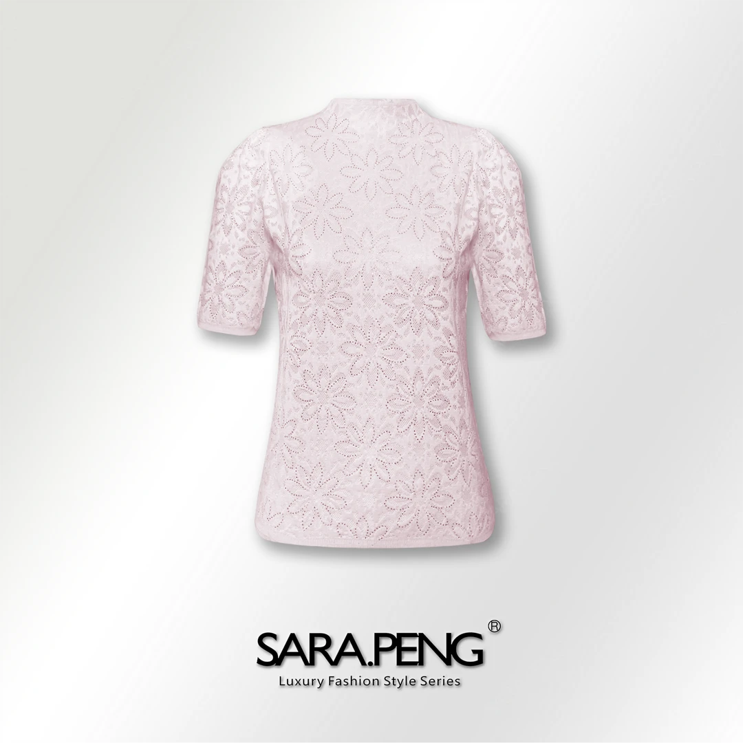 SARA.PENG动心感/高级感100羊毛手工烫钻花泡泡袖针织软糯毛衣