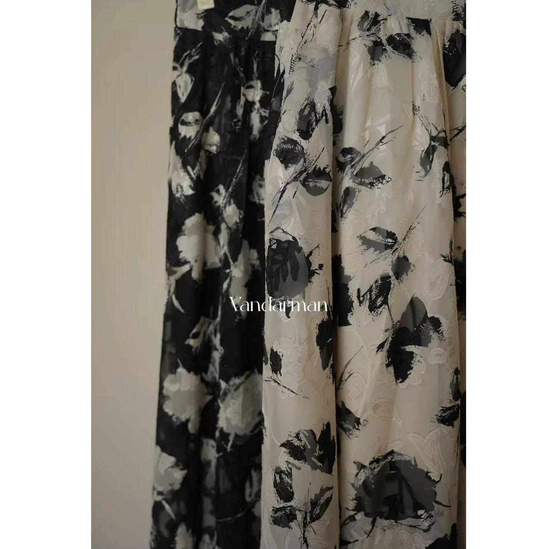 【水墨花栉】时尚半身裙刺绣镂空印花长裙复古高腰碎花裙A字裙长款