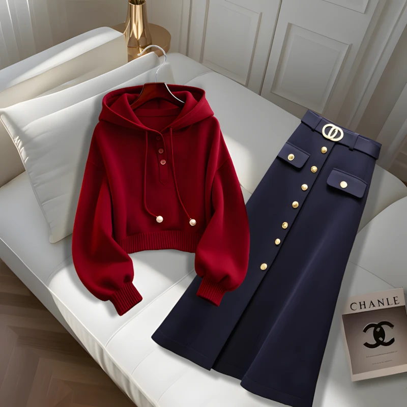 入秋穿搭一整套2025新款连帽卫衣半身裙套装不撞衫小众洋气两件套