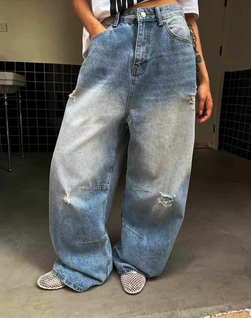 9183#女士新款休闲牛仔裤直筒时尚破洞两条线牛仔