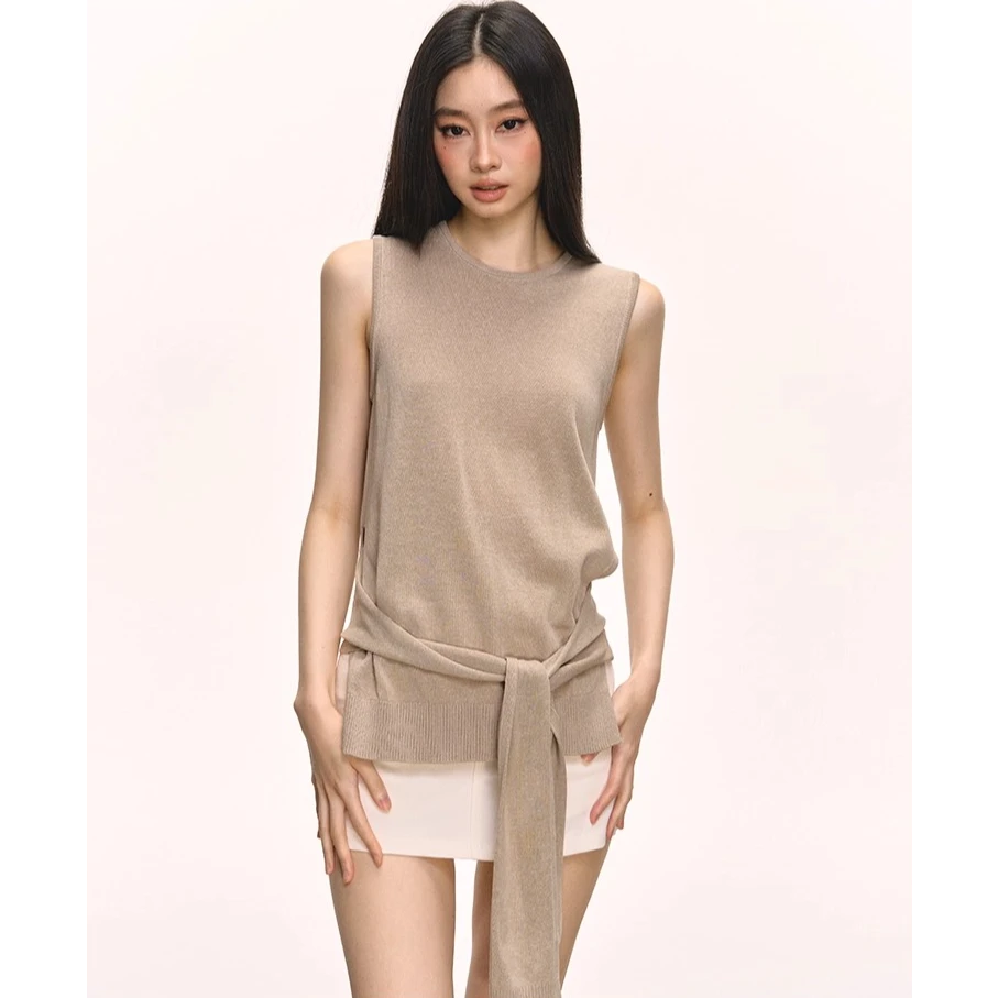 anna aneae天丝亚麻背心女夏季外穿设计感独特绑带显瘦无袖上衣潮