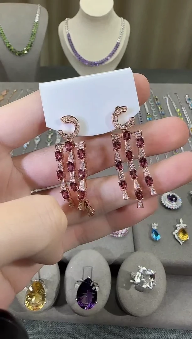 银S925镶嵌耳饰石榴石3mm耳坠流苏设计款