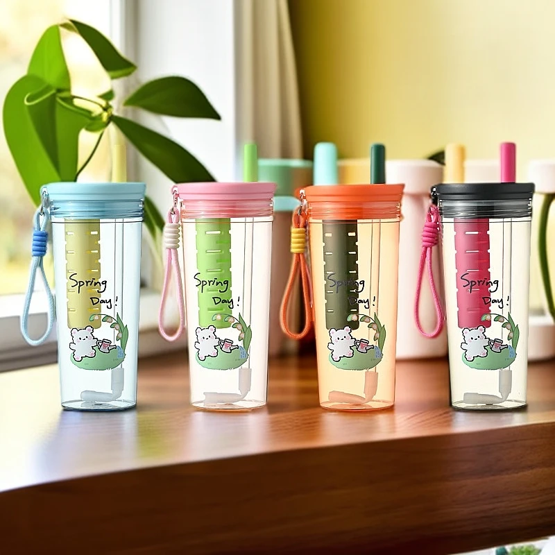 2025新款塑料杯子女生高颜值双层耐高温防爆可爱卡通茶漏吸管杯