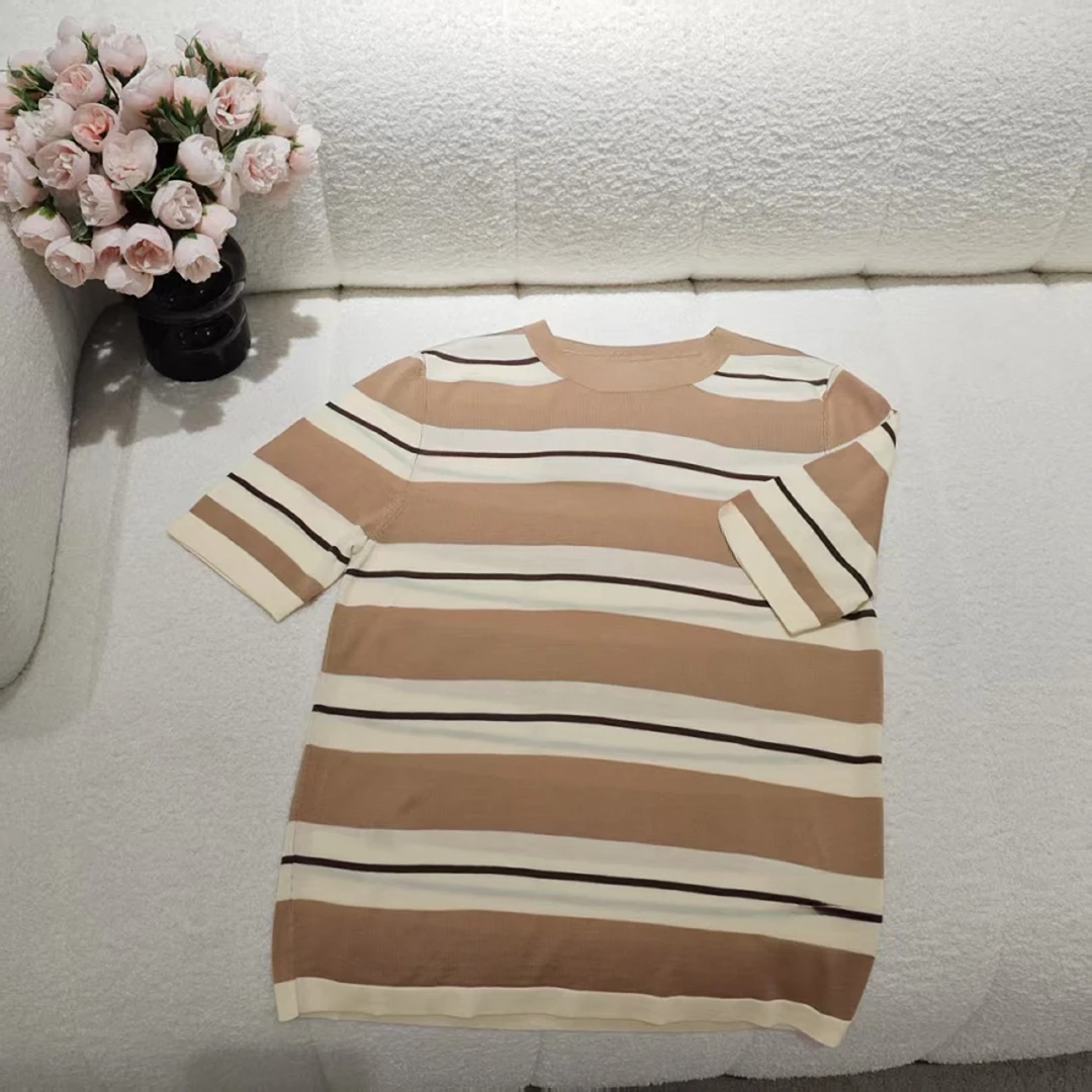5604复古圆领条纹针织短袖休闲百搭针织衫夏季上衣