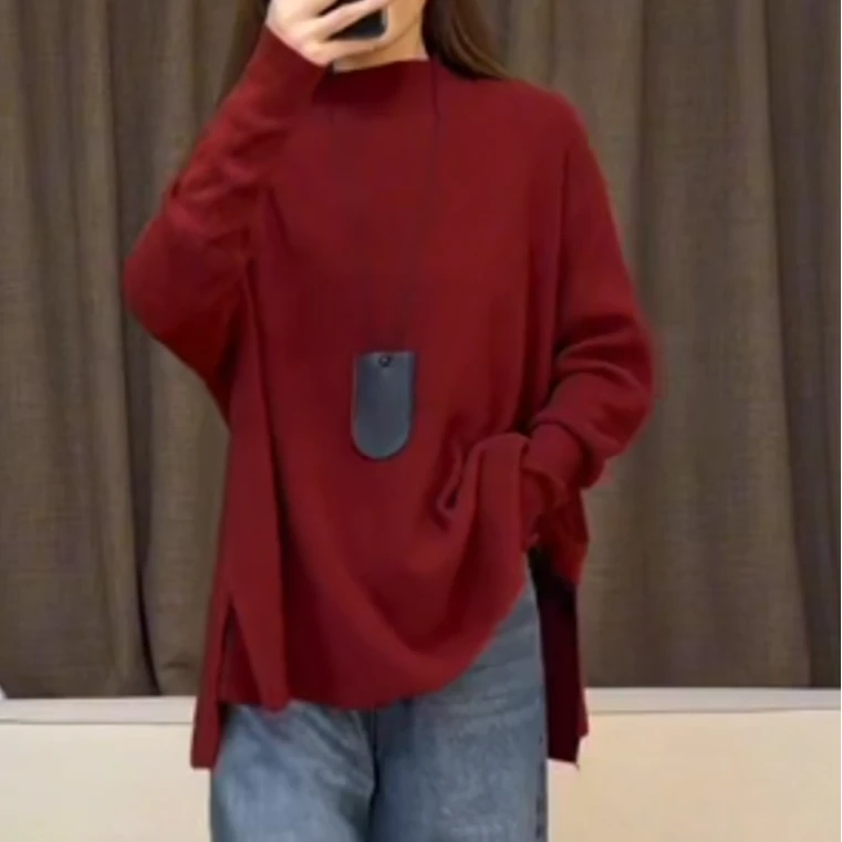 新半高领大码显瘦百搭高级慵懒风上衣显瘦舒适韩版针织衫毛衣女KC