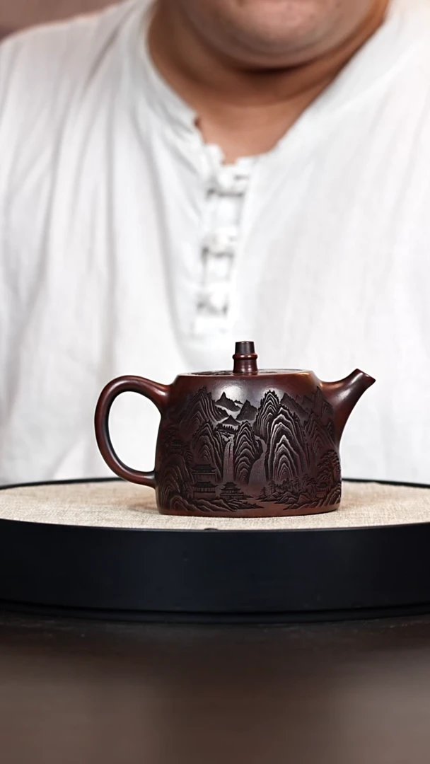 茶壶紫砂汉铎 铁血红色 山水1