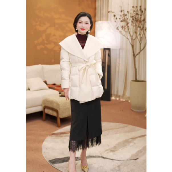 兰瑟儿冬季外套新款气质翻领双面呢拼接鹅绒羽绒服805DE0655