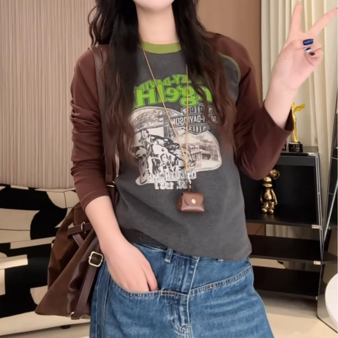 拼色设计感印花长袖T恤2025秋季新款美式复古款式显瘦气质打底衫