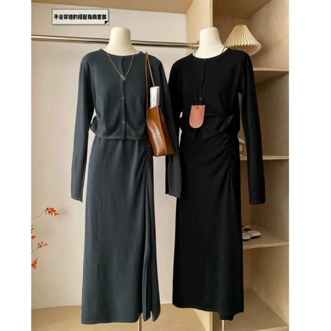 纯色设计修身百搭针织衫半身裙套装0121