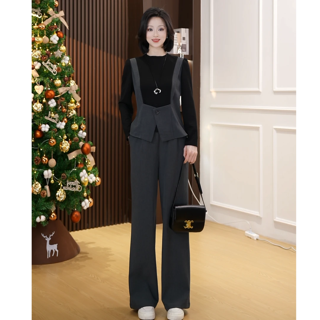 【小爽Eris】春装2025年新款时尚气质撞色拼接款减龄显瘦阔腿裤套装