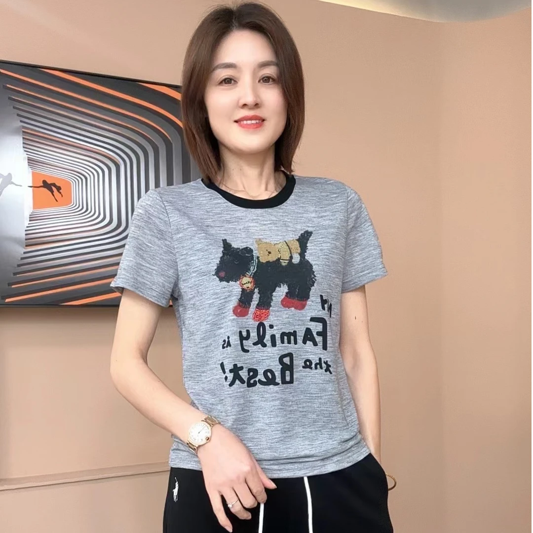2025夏季新款女士圆领印花设计短袖T恤简约百搭上衣8863-04