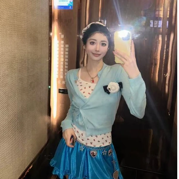 Sorry peter 皮诺曹蓝色细针织开衫空调房