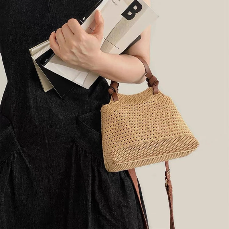 (复古编织小众斜挎包)简约气质森系网格镂空编织度假沙滩包W