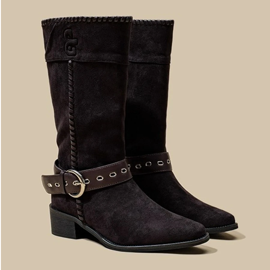 敦煌堆堆靴~复古宽筒绒面5cm粗跟扣带西部牛仔骑士短靴女沙漠靴秋