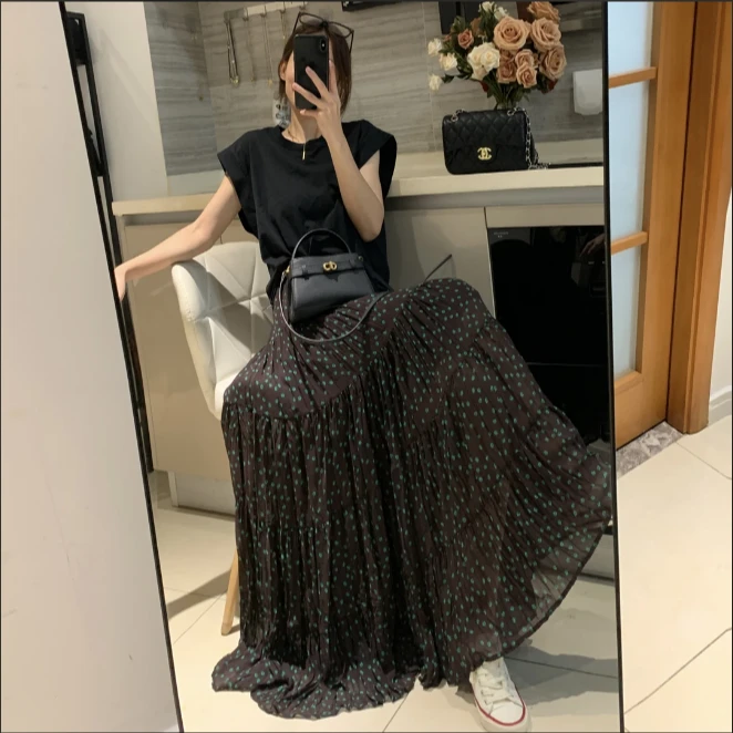 满天星咖色碎花半身裙2025韩系春夏褶皱高腰显瘦百搭中半身裙女
