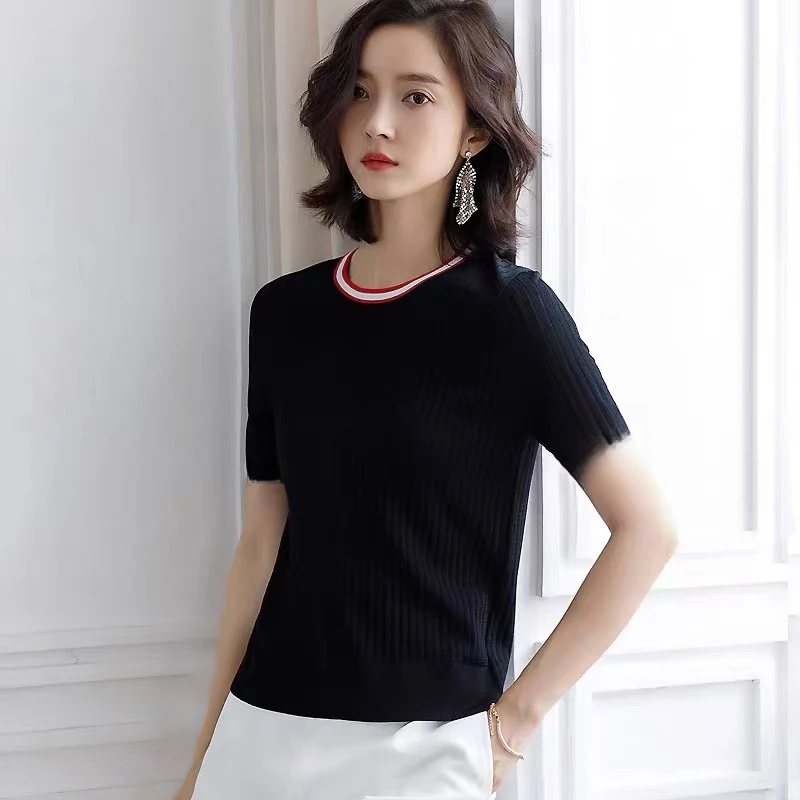 8970女ins超火短袖女2025新款夏季薄款上衣修身短款冰丝针织衫