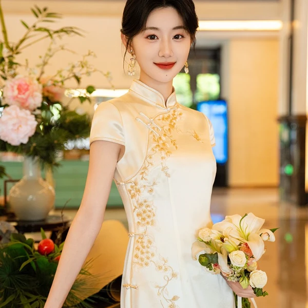 时光裁剪【芳许】新中式醋酸旗袍女订婚夏季新娘结婚白色敬酒服日常