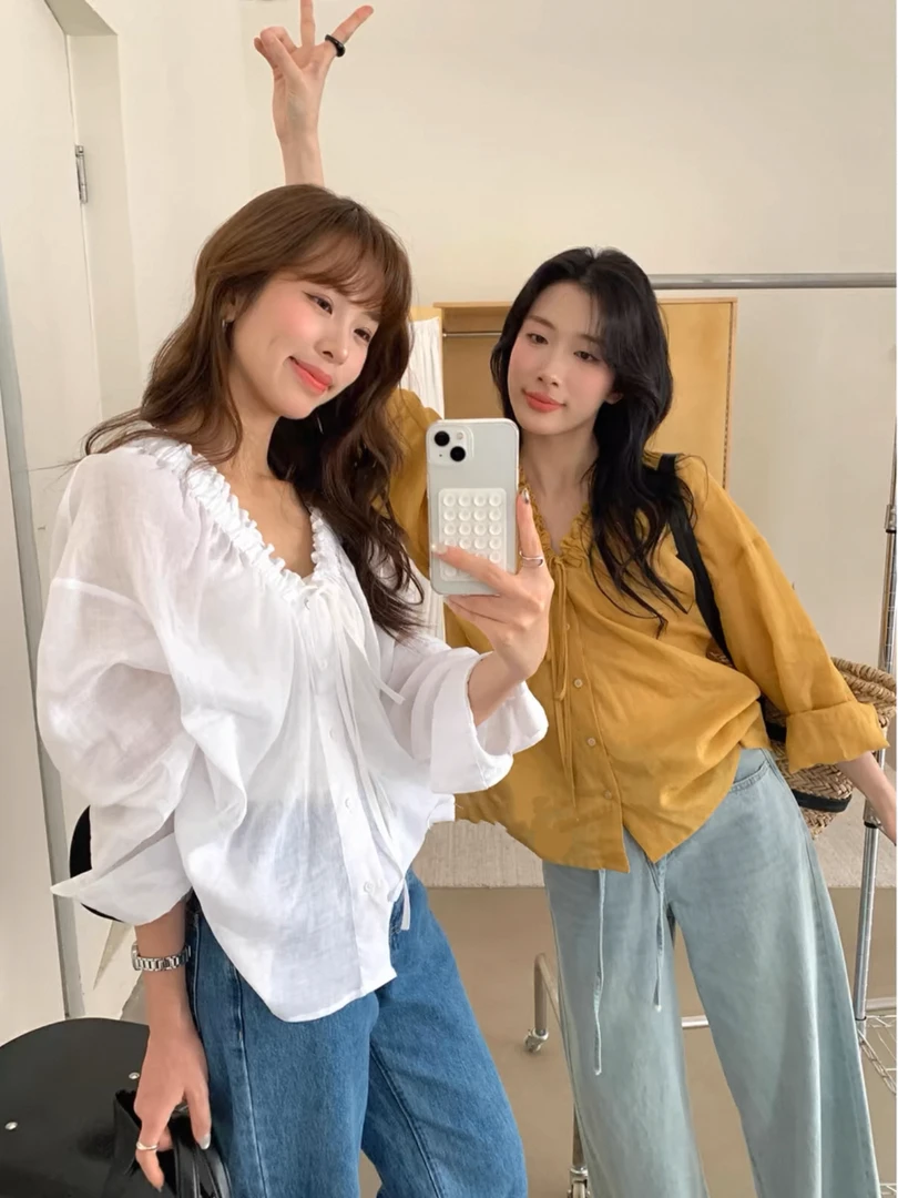 【小巧定制】XQ2431夏季新款简约气质显瘦百搭木耳边V领上衣