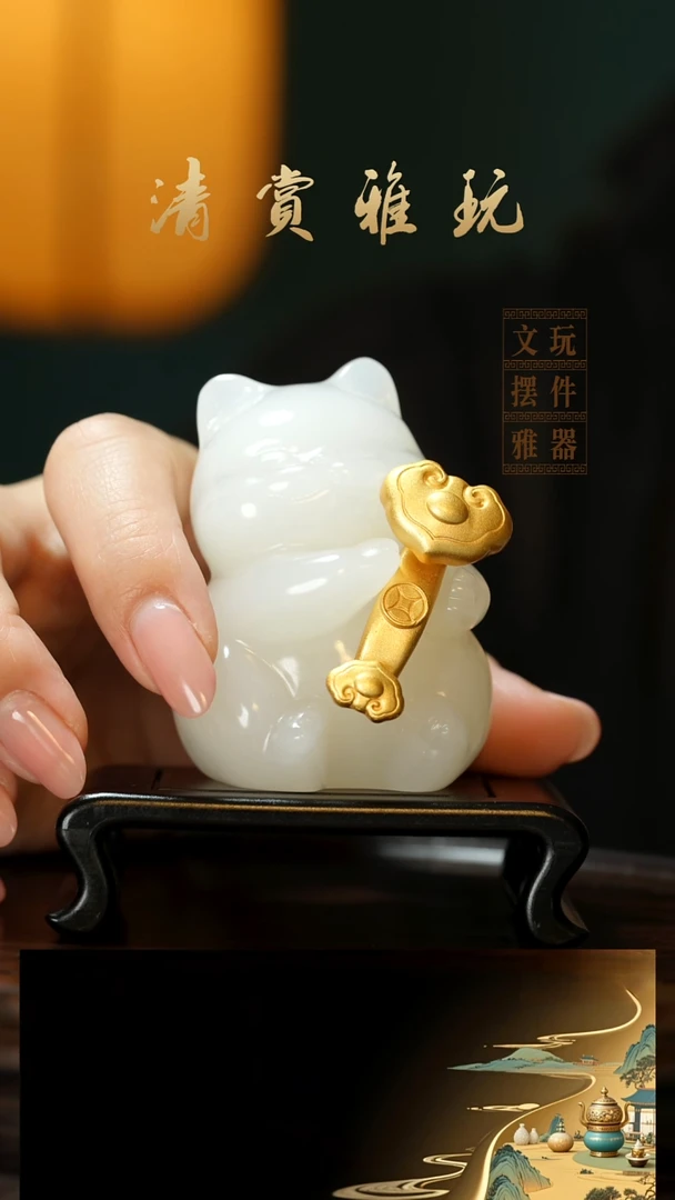 玉《如意猫》手把件摆件