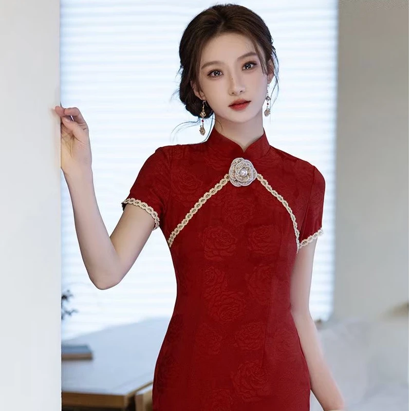 [红玫瑰] 苏囡囡复古提花旗袍红色婚嫁日常修身短袖旗袍