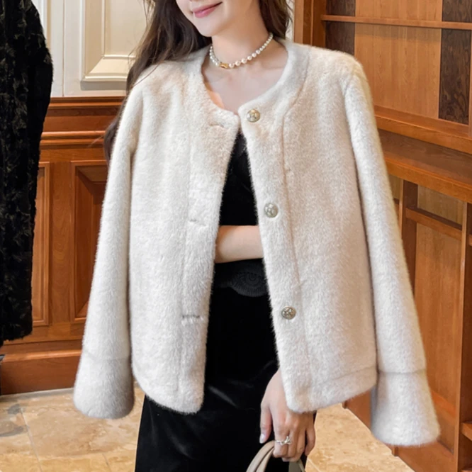 新年皮毛一体外套女环保水貂毛上衣小香风毛绒短外套冬保暖女