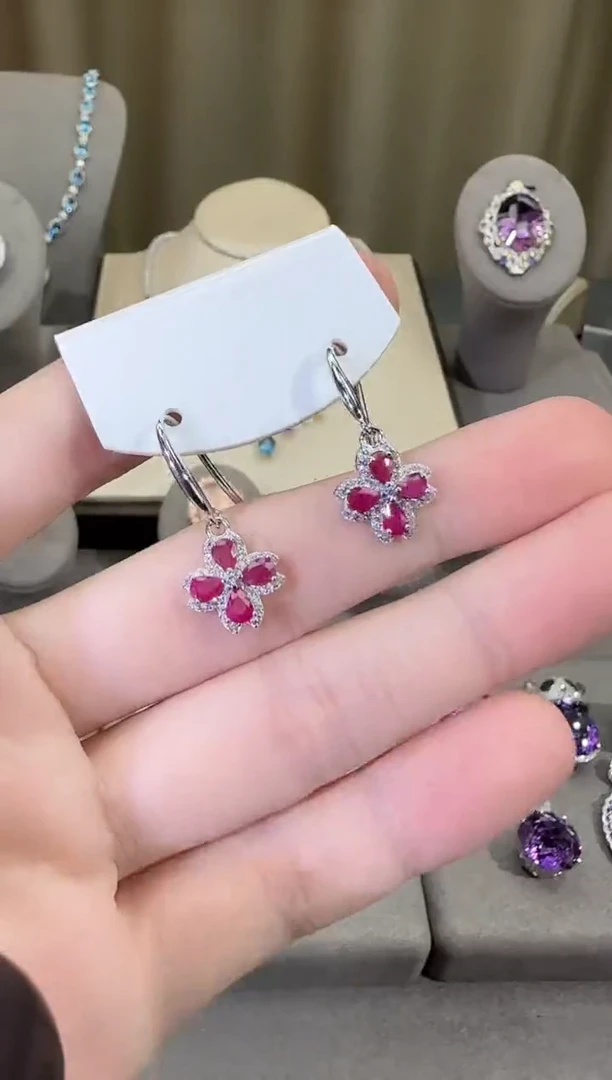 银S925镶嵌耳饰红宝石10mm耳钩设计款