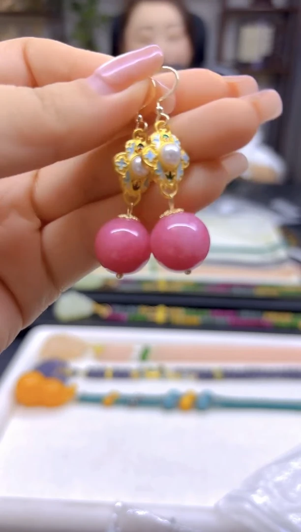 菱锰矿（红纹石）14K金镶嵌耳饰DIY款E798