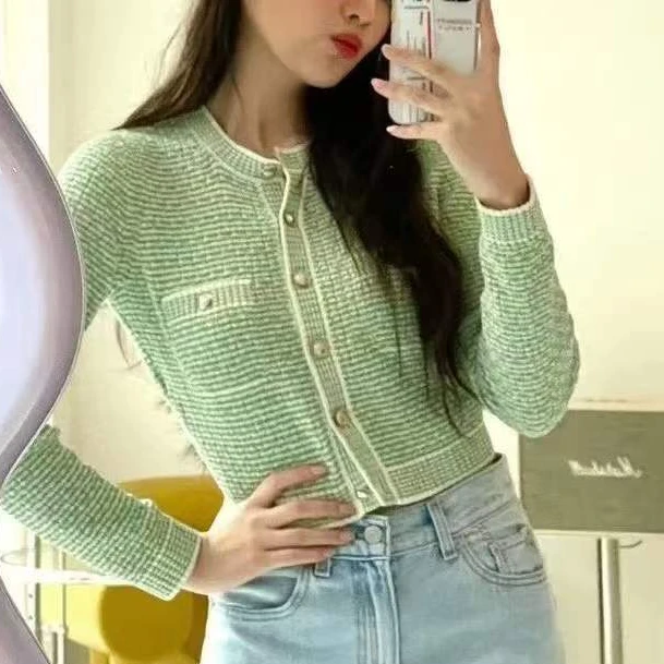 99新 Chanel/香奈儿  36码21C早春度假绿白混色圆领编织开衫