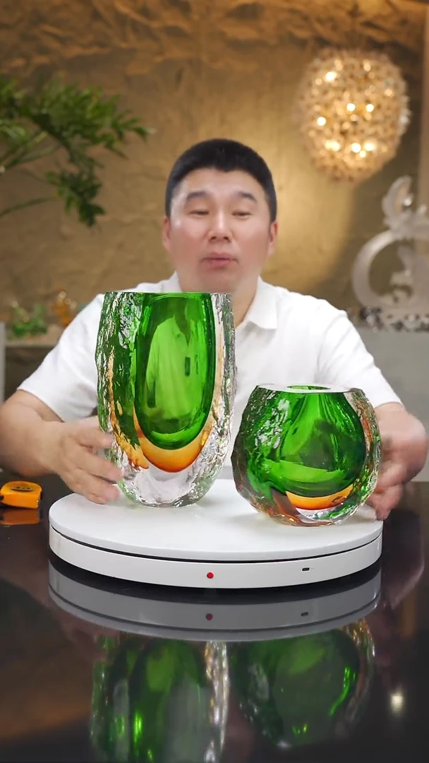 琉璃手工艺品福利琥珀绿花瓶一对