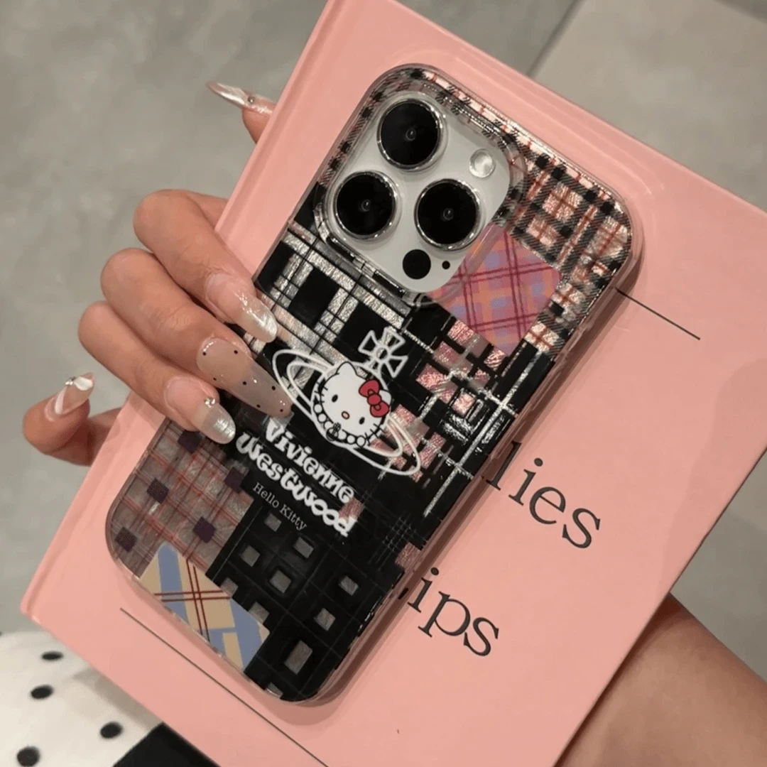 ins彩色格纹西太后KT适用苹果16promax手机壳15冰川纹14/13卡通12