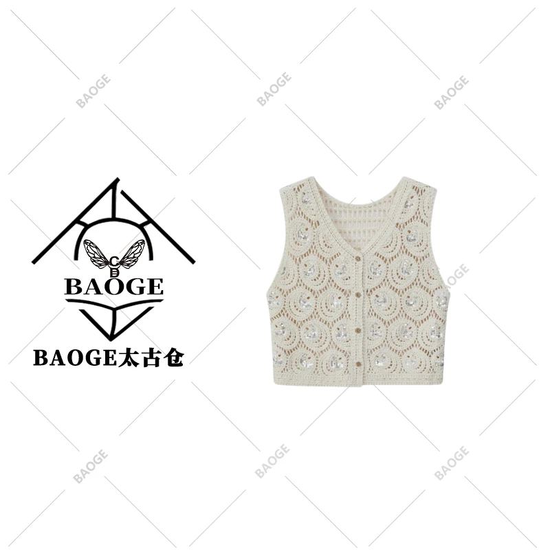 【BAOGE太古仓】亮片点缀钩花复古纽扣设计无袖马甲msl270