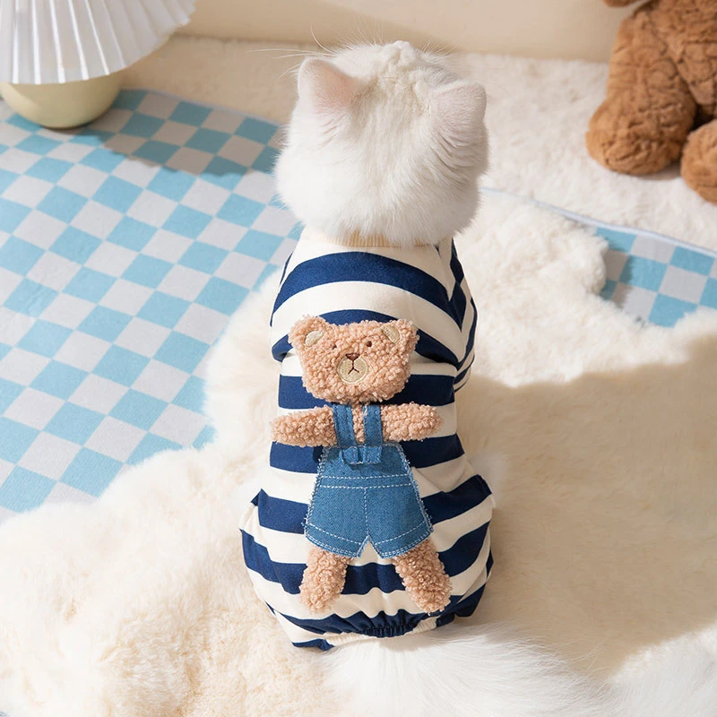 可爱小熊条纹四脚家居服小猫咪秋冬款保暖宠物衣服