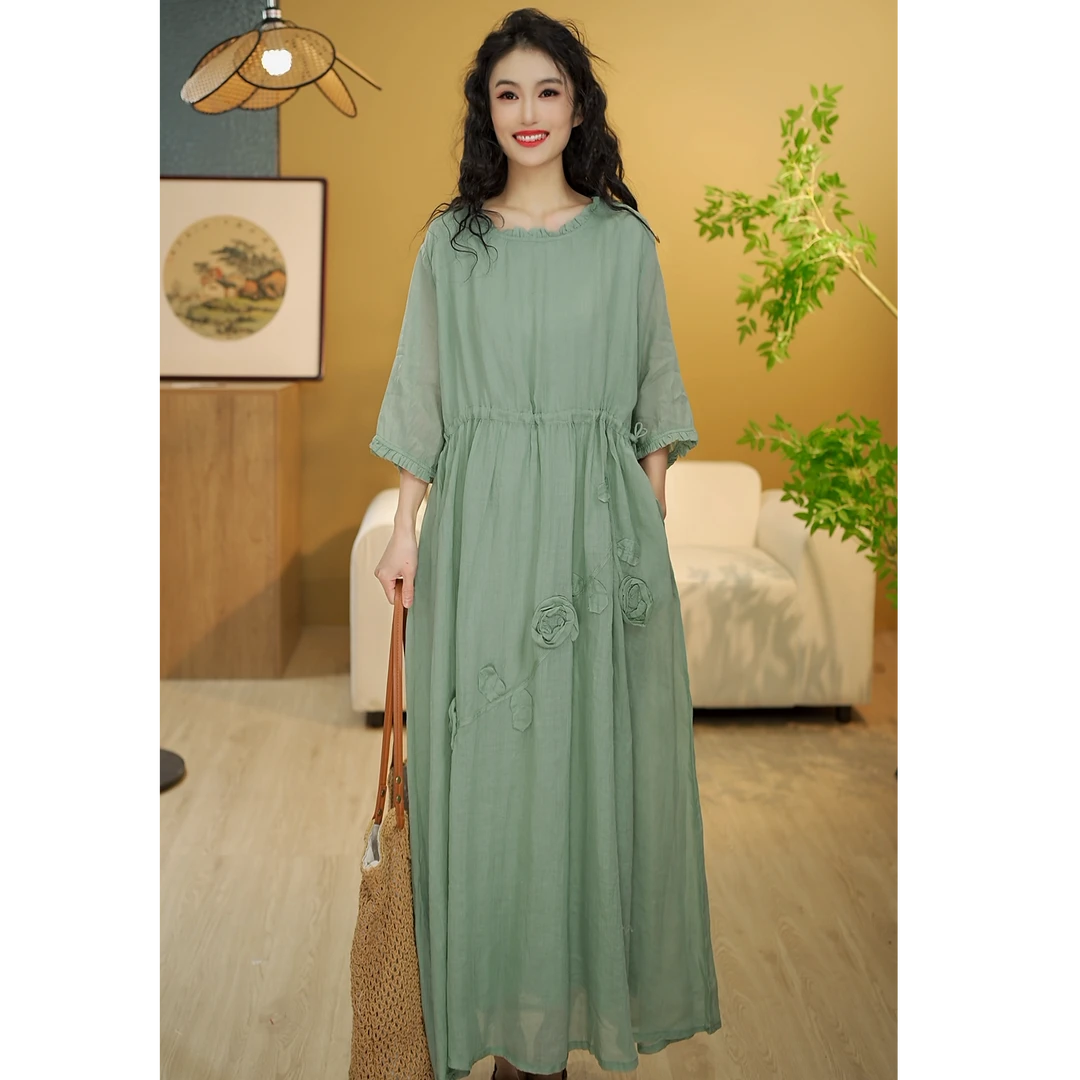 5316苎麻长款连衣裙2025气质夏季小众半袖连衣裙时尚法式收腰长裙