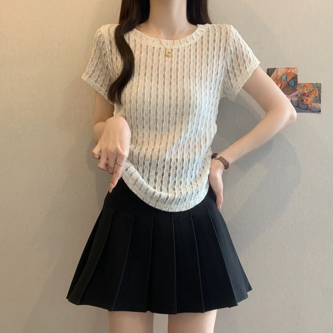 yoewshean/羽媗夏季微胖mm大码女装法式褶皱设计显瘦短袖t恤上衣