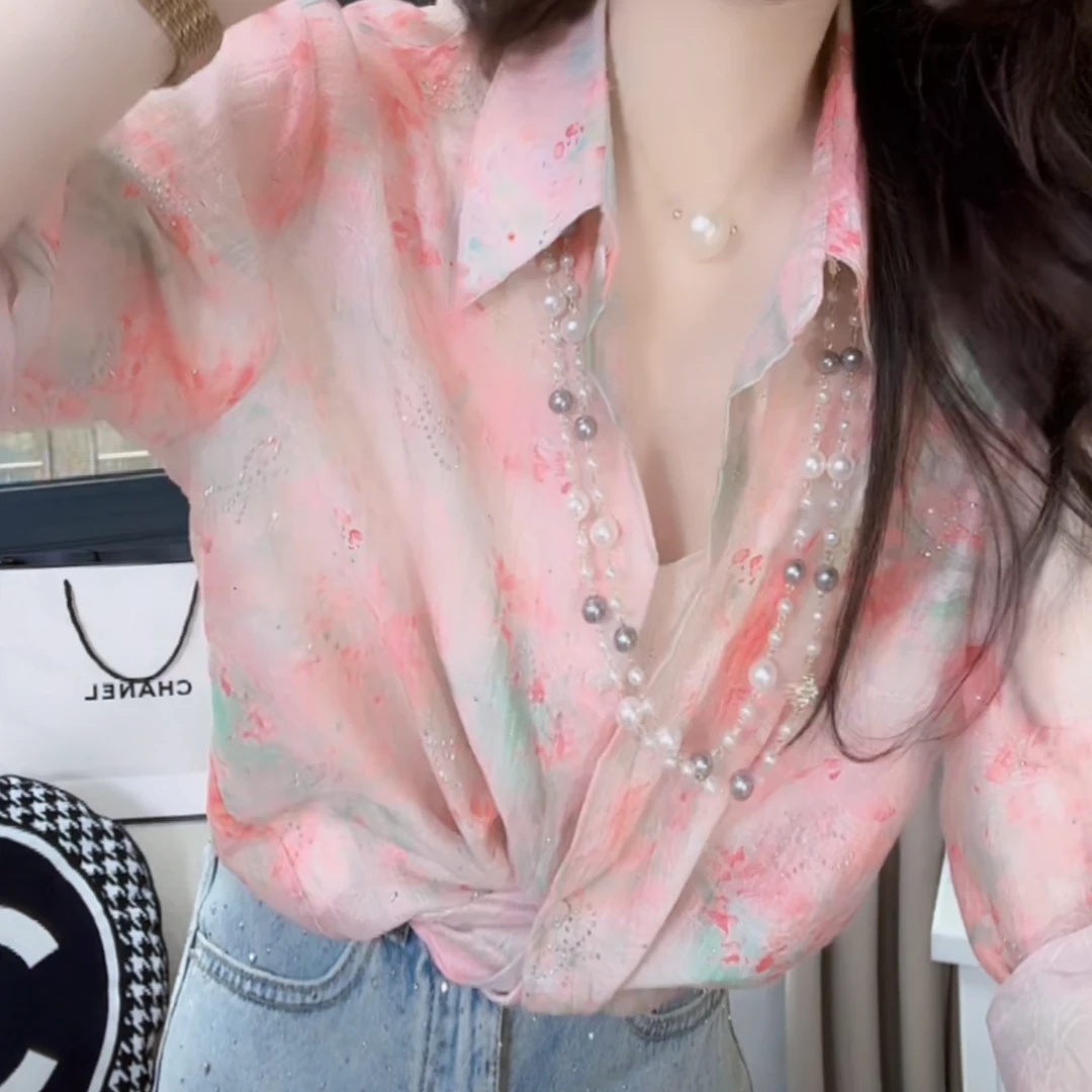 粉色碎花衬衫女2025新款春夏时尚上衣气质洋气轻奢长袖防晒衬衣