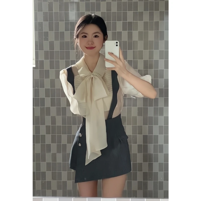 MARIE.COCO法式气质绑带泡泡袖衬衫收腰背带裤裙女夏季新款两件套