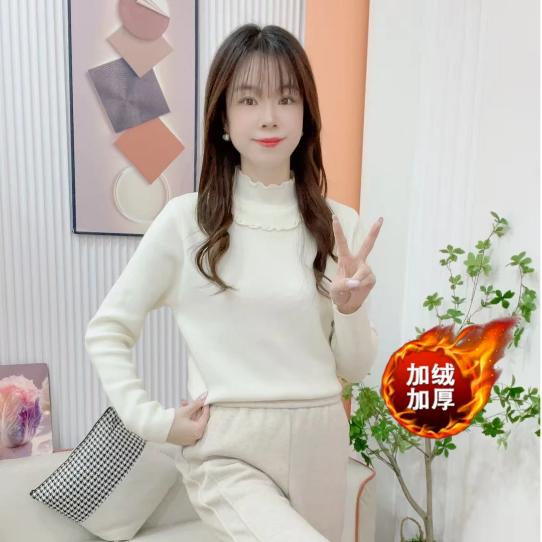 炬雅 新款时尚木耳边半高领加绒重工钉珠保暖修身显瘦打底针织衫