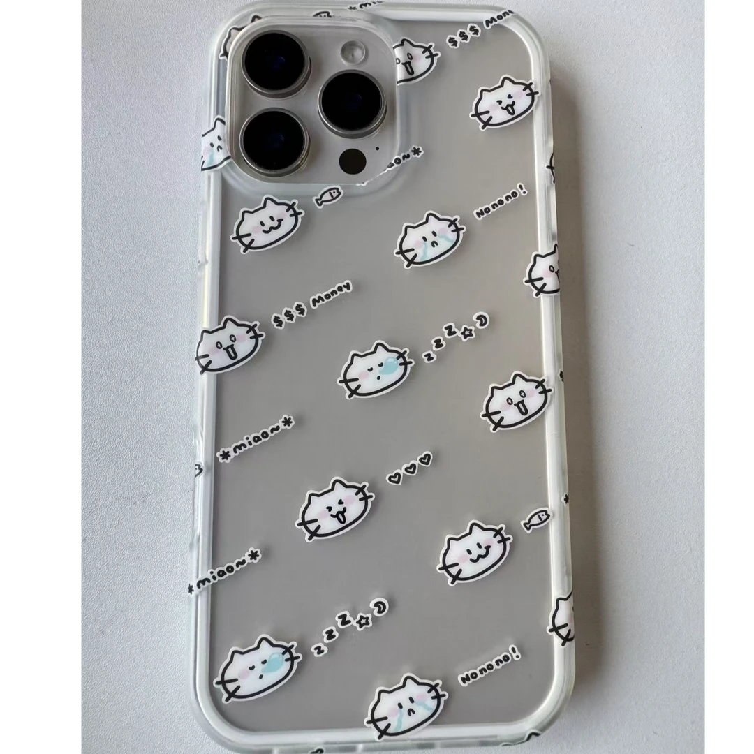 适用于苹果15/16系列全包透明猫猫头ins可爱个性小众时尚插画