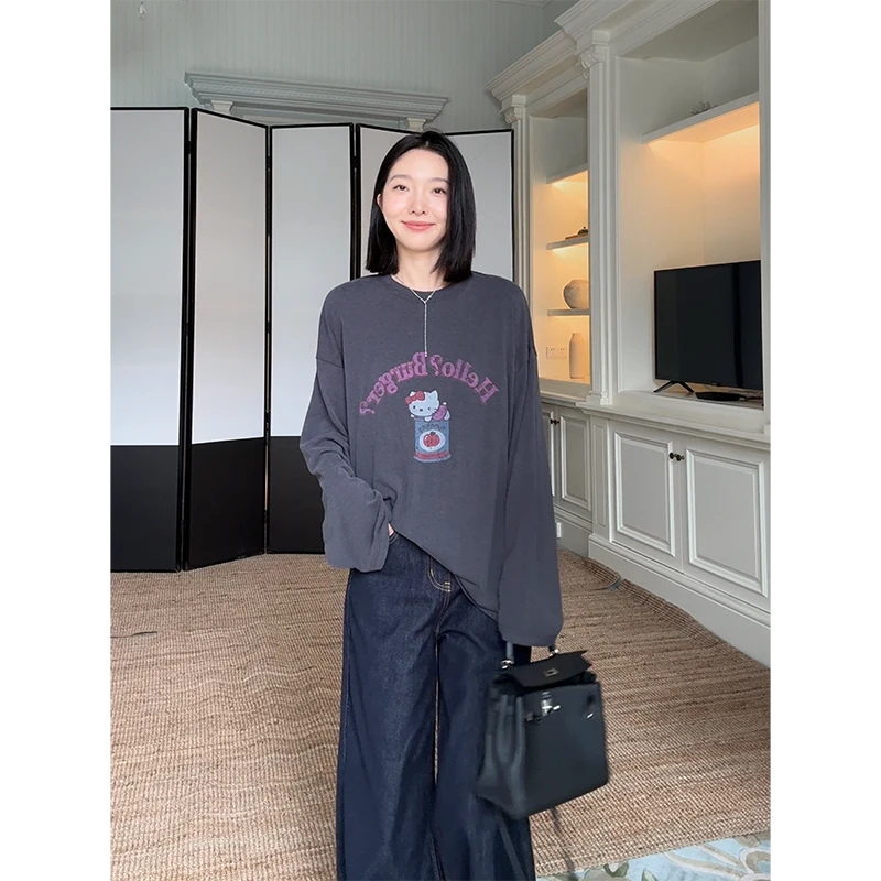 郭九九呢 棉卡通字母印花宽松百搭休闲T恤阔腿牛仔裤 G924Z18513