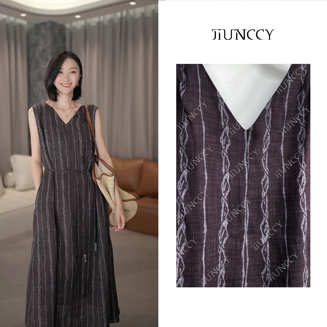 JIUNCCY【梵音】100%苎麻定染定制花型长款无袖气质连衣裙 24LYQ049