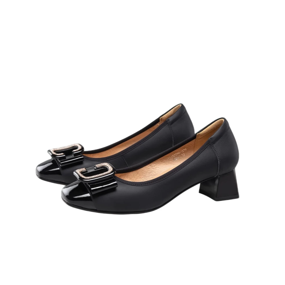 KANGNAI/康奈11152066真皮休闲舒适牛皮圆头工装中粗跟浅口女单鞋