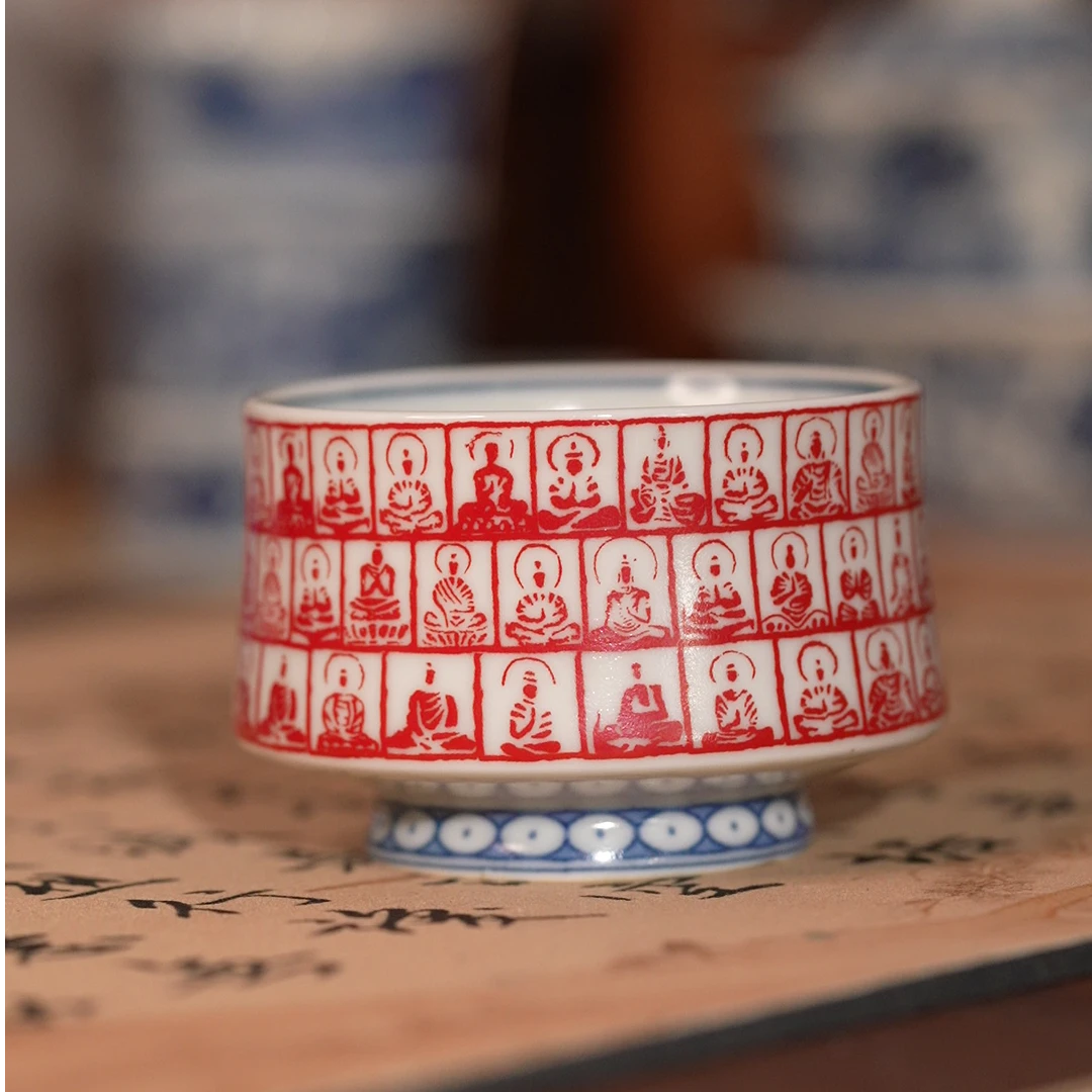 千佛拓片高温釉下大马蹄杯口径7高5容量100cc/主人杯/陶瓷茶具