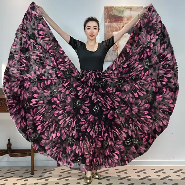 F《屿系列-烫金玫屿》菱形雪纺满铺花时尚全松紧腰大摆半身裙带衬裙