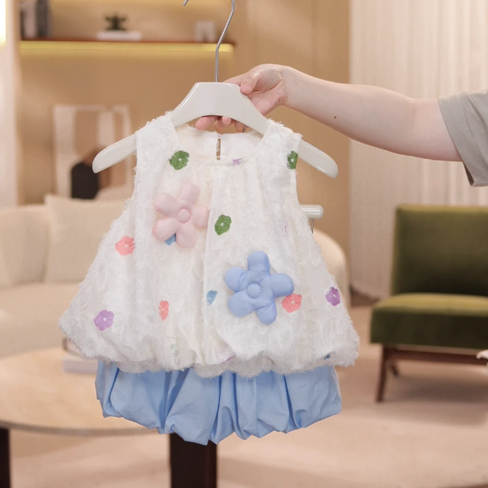 夏季韩系3D小花朵清新儿童网纱裙无袖连衣裙套装SL0155