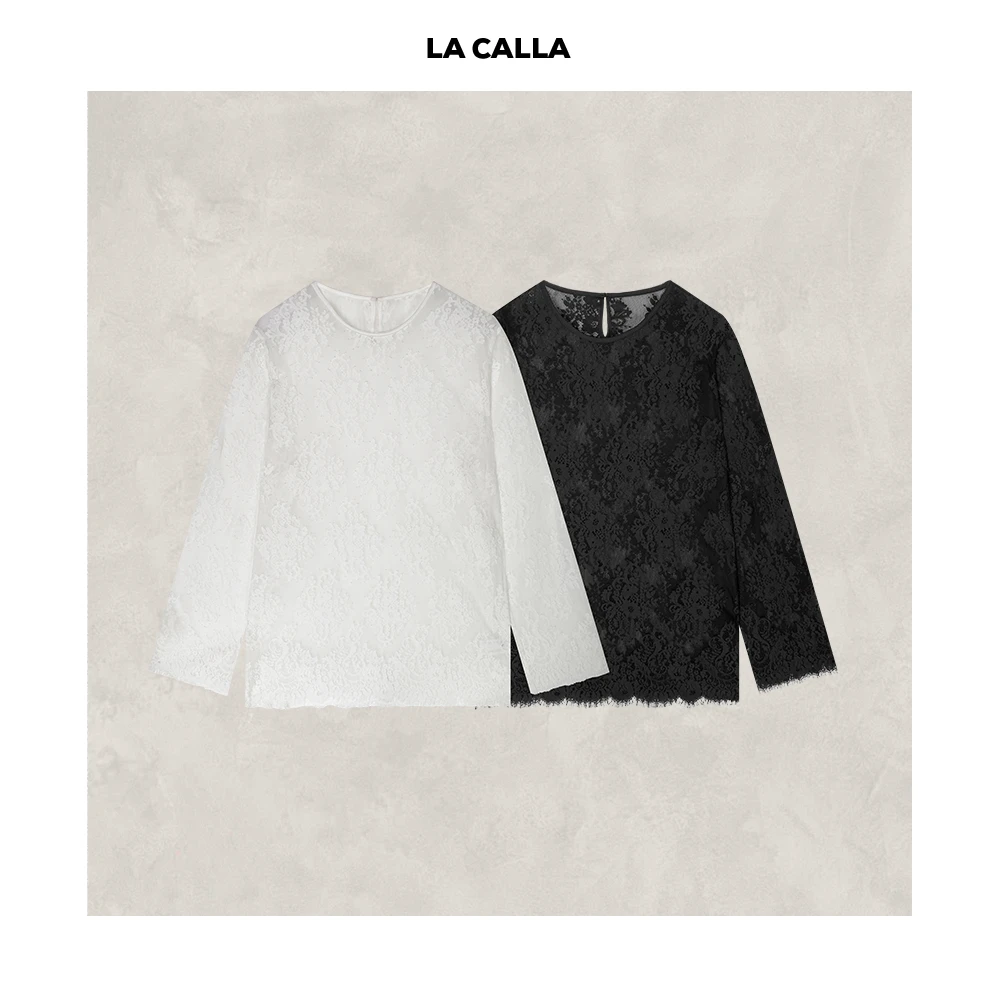 LA CALLA双层蕾黑色白色蕾丝提花休闲慵懒风长袖上衣K052