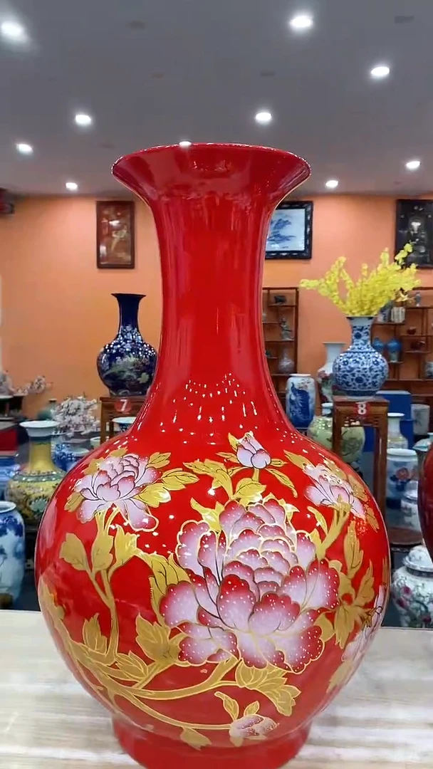 摆件红色花开富贵赏瓶60*36+旋转底座