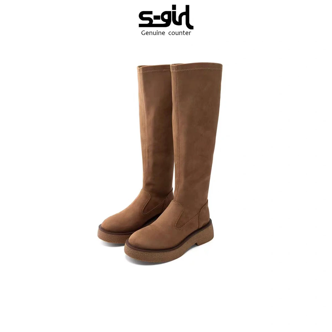 SGIRL TWTW复古不过膝长筒靴女2025秋冬小个子增高显瘦弹力显瘦靴